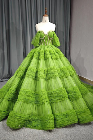 Quinceanera Dress Green Exquisite A Line Off - the - Shoulder Ball Gown - KissProm