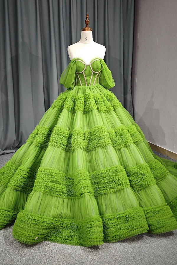 Quinceanera Dress Green Exquisite A Line Off - the - Shoulder Ball Gown - KissProm