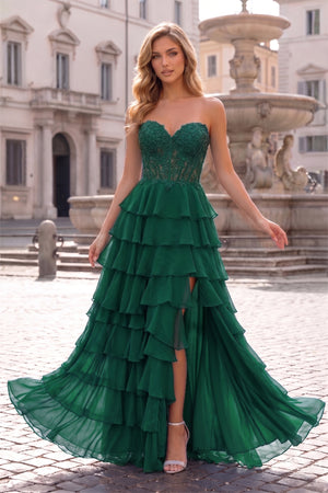 Green Chiffon Sweetheart Ruffle Tiered Long Prom Dress – Prom Dress by Kissprom | Available at KissProm