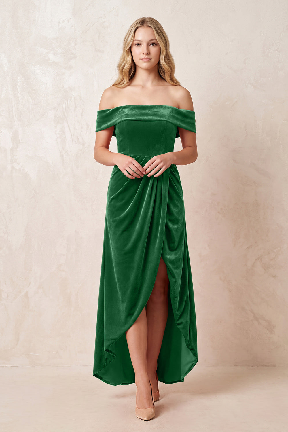 Green Off-the-Shoulder Sheath Velvet Midi Bridesmaid Dress - KISSPROM