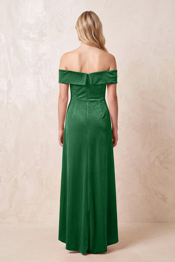 Green Off-the-Shoulder Sheath Velvet Midi Bridesmaid Dress - KISSPROM