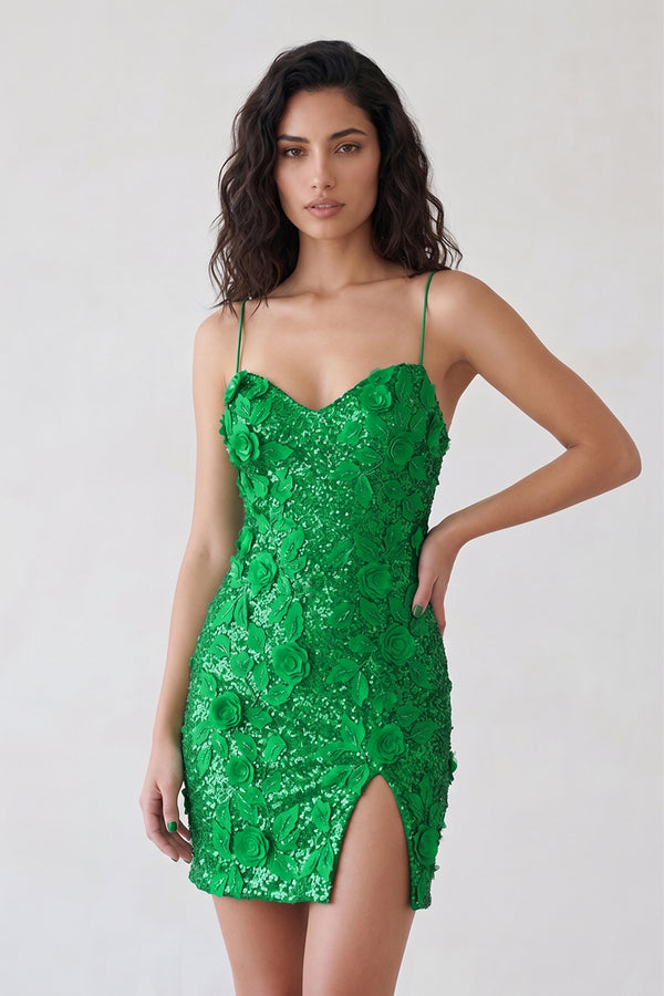 KissProm Sky Blue Sheath Sequin Open Back Mini Homecoming Dresses with 3D Flowers, Green / 14