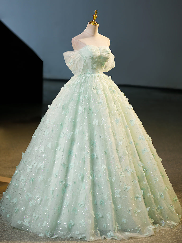 Quinceanera Dress Green Tulle A-Line Lace Long Prom Dress Green Lace Long Sweet Dress