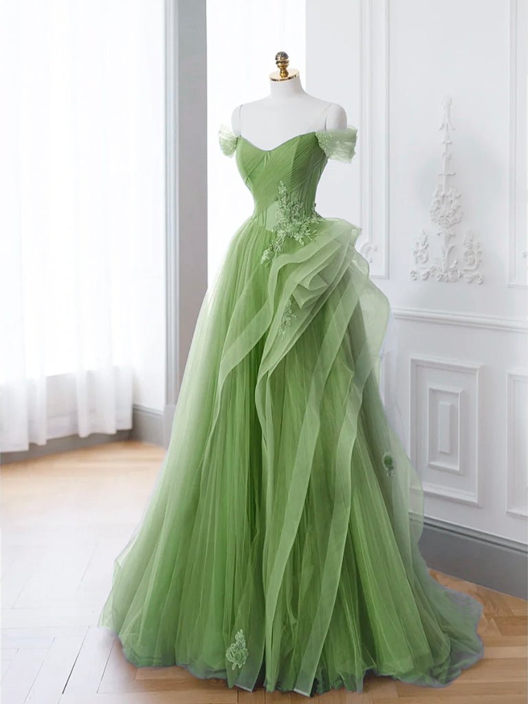 Elegant Green Off Shoulder A-Line Satin Long Formal Party Dress, DP3683 main image 1