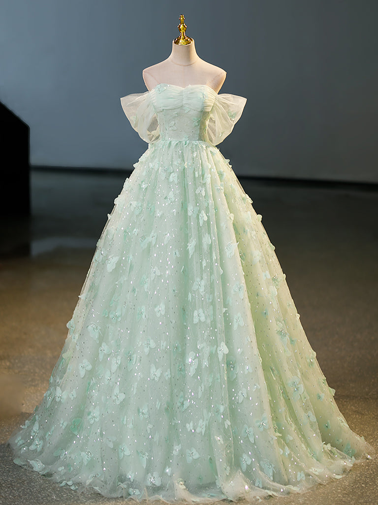 Green Tulle A-Line Lace Long Prom Dress, Green Lace Long Sweet Dress