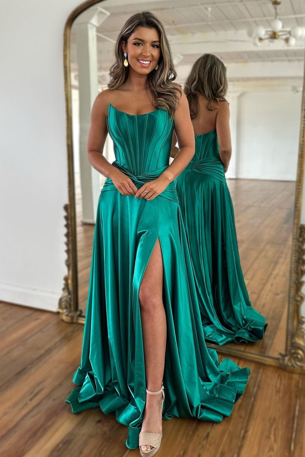 Annette | Green A-Line Strapless Zipper Back Long Satin Prom Dress With Split