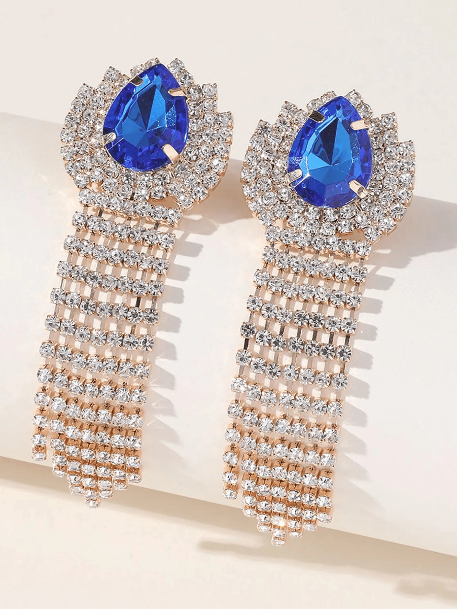 Green Teardrop Rhinestones Tassel Long Earrings - KissProm