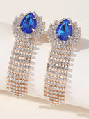 Green Teardrop Rhinestones Tassel Long Earrings - KissProm