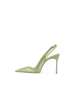 Green Slingback Mid Heel Stiletto Sandals - KissProm