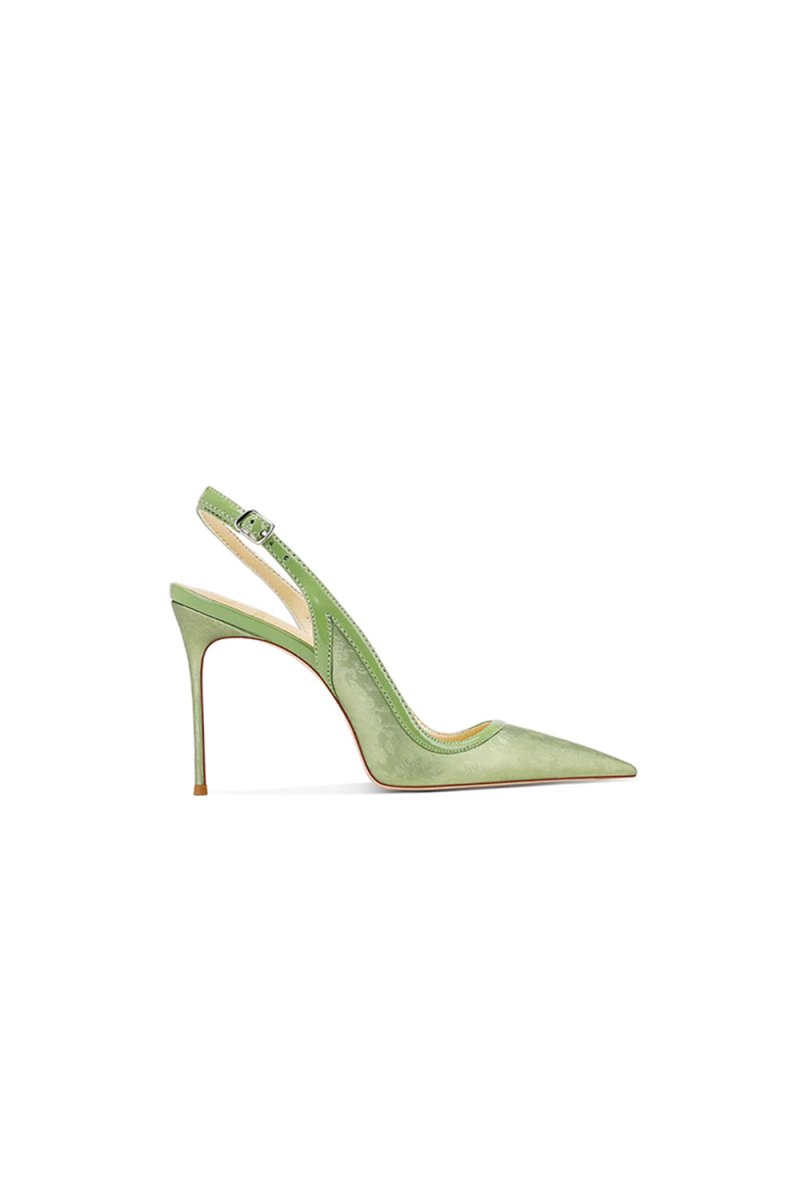 Green Slingback Mid Heel Stiletto Sandals - KissProm