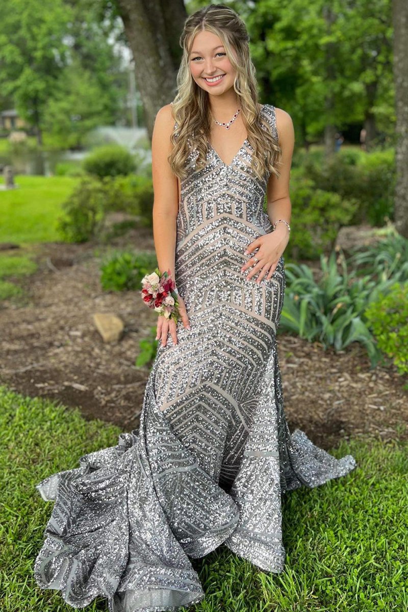 h&m prom dresses Red Mermaid Deep V Neck Sequins Prom Dress