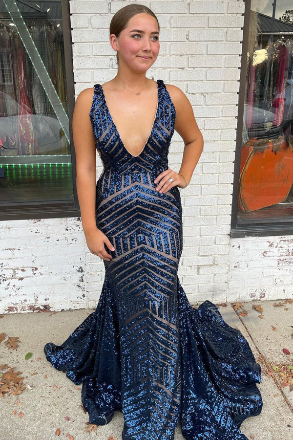hm mermaid dress Red Mermaid Deep V Neck Sequins Prom Dress