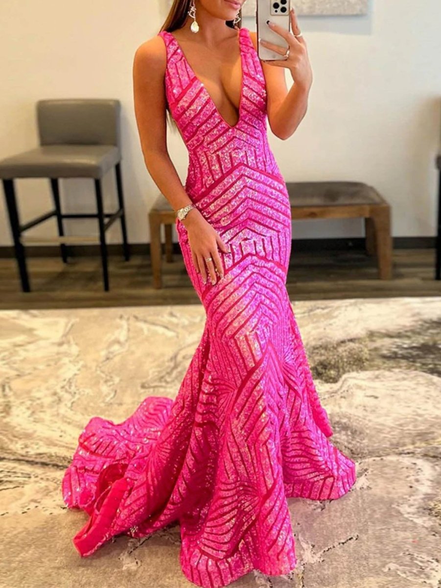 knee length dresses for ladies Mermaid V-Neck Sequin Lace Floor-Length Lace Dress 810915 by Clarisse 12 / Iridescent Fuchsia