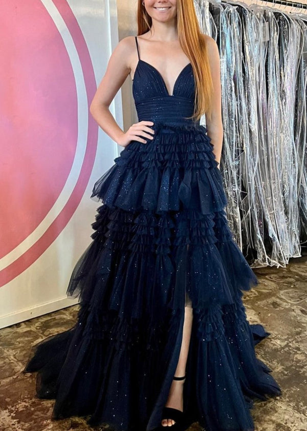 Amanda | Tulle Deep V Neck Spaghetti Straps Long Prom Dress