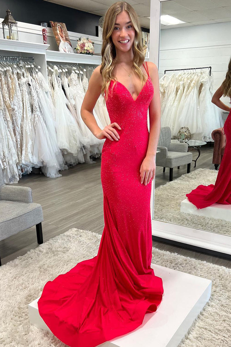 Lilly |Sparkly Mermaid V Neck Beaded Satin Long Prom Dress