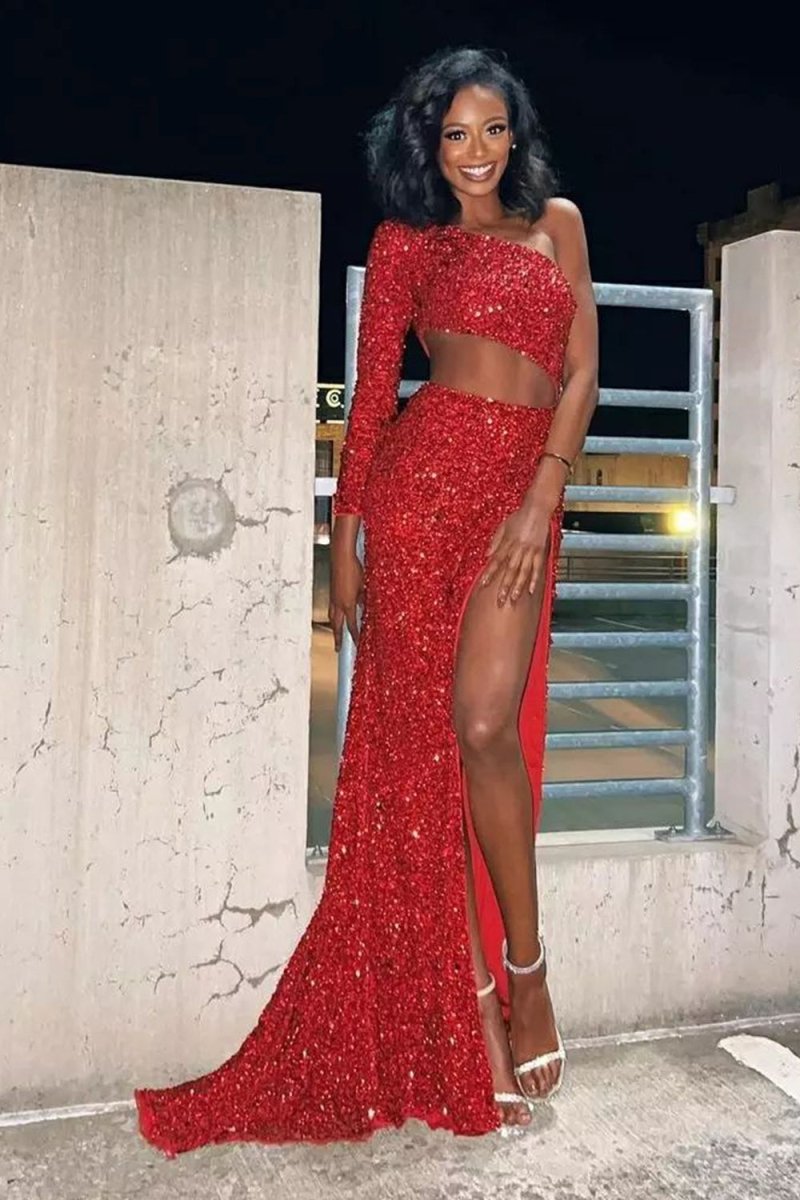 Sheath One Shoulder Red Sequins Long Prom Dress with Silt Red / 2 Sheath One Shoulder Red Sequins Long Prom Dress with Silt Red / 2