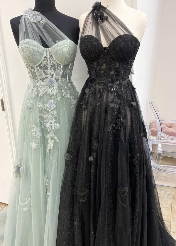 A Line One Shoulder Black Long Prom Dress with Appliques, Sage Green / 14 A Line One Shoulder Black Long Prom Dress with Appliques, Sage Green / 14