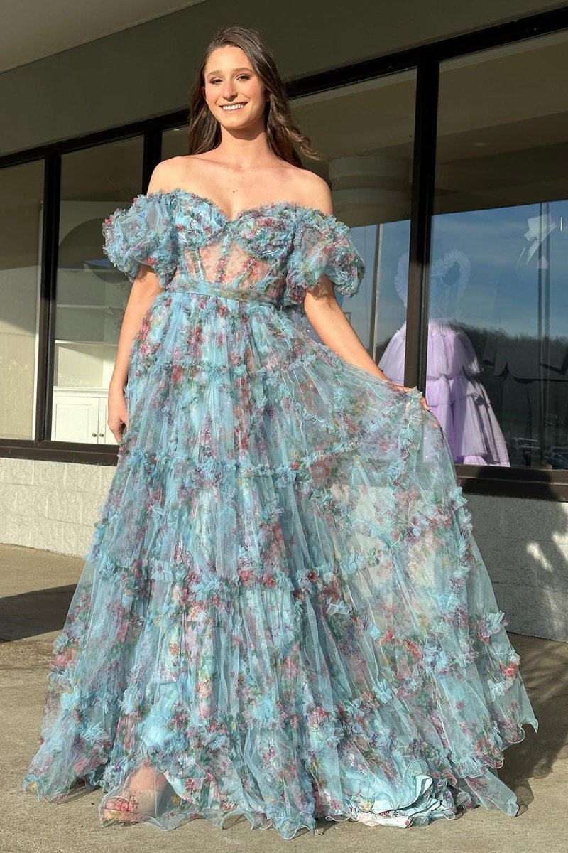 Green A Line Sweetheart Printed Tulle Long Prom Dress - KISSPROM