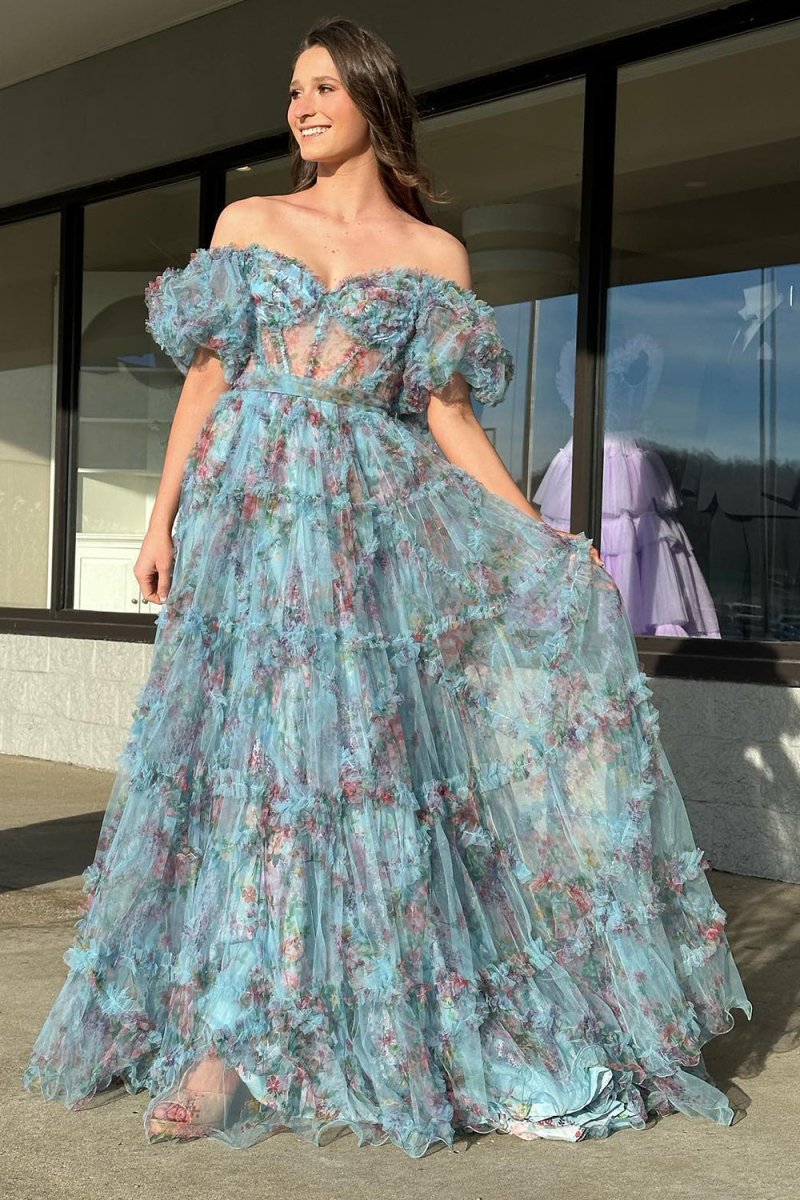 KissProm A Line Sweetheart Printed Tulle Long Prom Dress, Green / 12