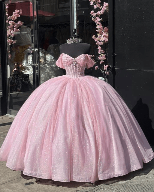 KissProm Glitter Off The Shoulder Pink Ball Gown Quinceanera Dresses, Pink / 16