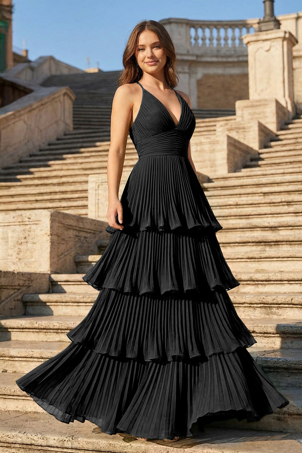 Dark Green A-Line Tiered Floor Length Chiffon Bridesmaid Dress - KISSPROM PROM DRESSES