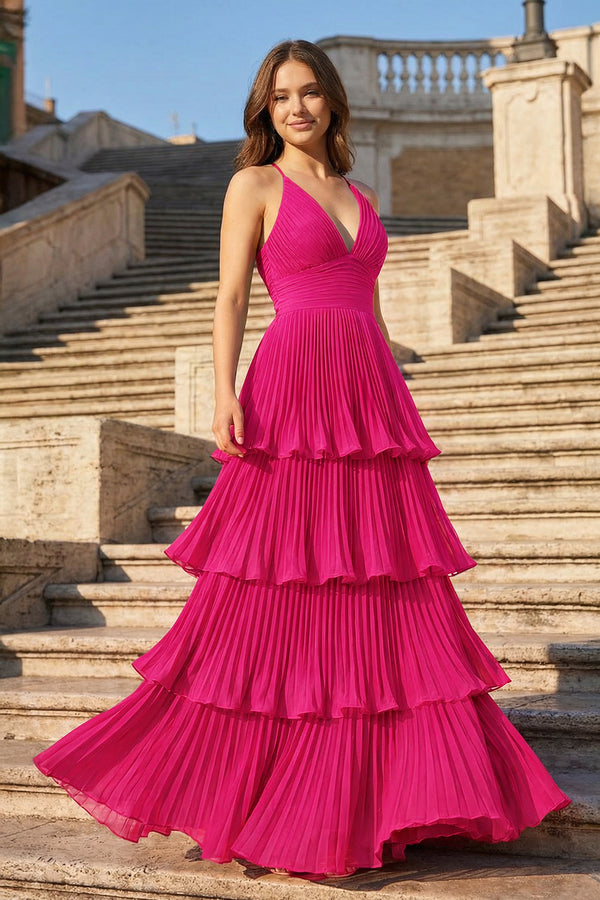 Dark Green A-Line Tiered Floor Length Chiffon Bridesmaid Dress - KISSPROM PROM DRESSES