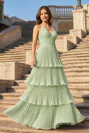 Dark Green A-Line Tiered Floor Length Chiffon Bridesmaid Dress - KISSPROM PROM DRESSES