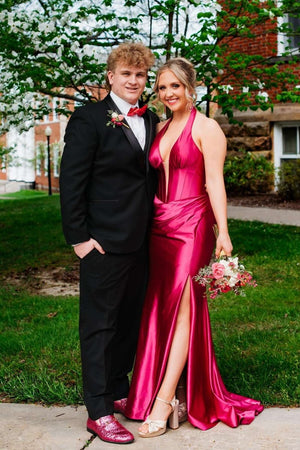 Josie | Navy Halter Corset Mermaid Plunging Deep V-neck Ruched Long Formal Dress with Slit