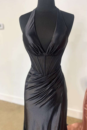 Josie | Navy Halter Corset Mermaid Plunging Deep V-neck Ruched Long Formal Dress with Slit