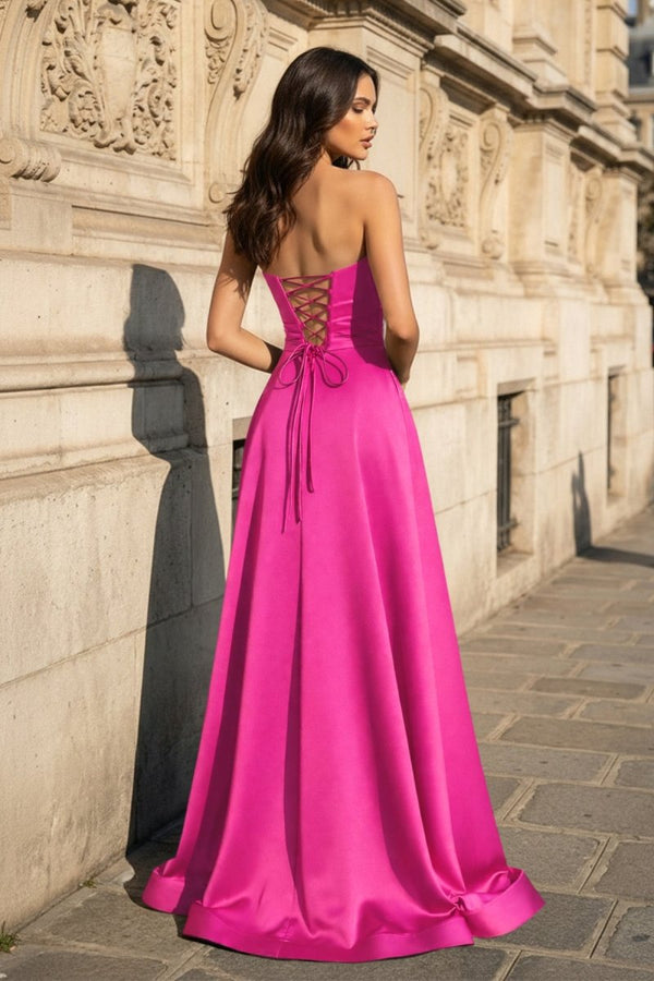 black and hot pink prom dresses A Line Black Strapless Satin Prom Dresses With Slit