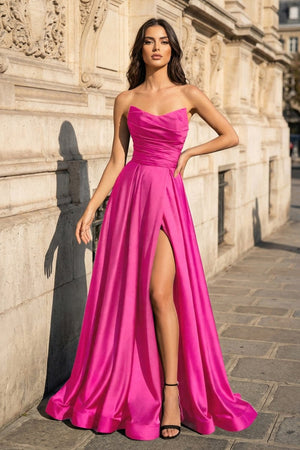 A Line Black Strapless Satin Prom Dresses With Slit - KissProm