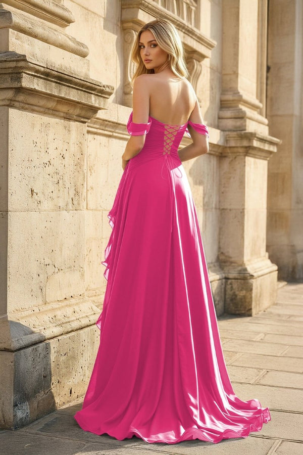 Hot Pink Off The Shoulder A Line Chiffon Pleated Long Prom Dresses With Slit - KissProm