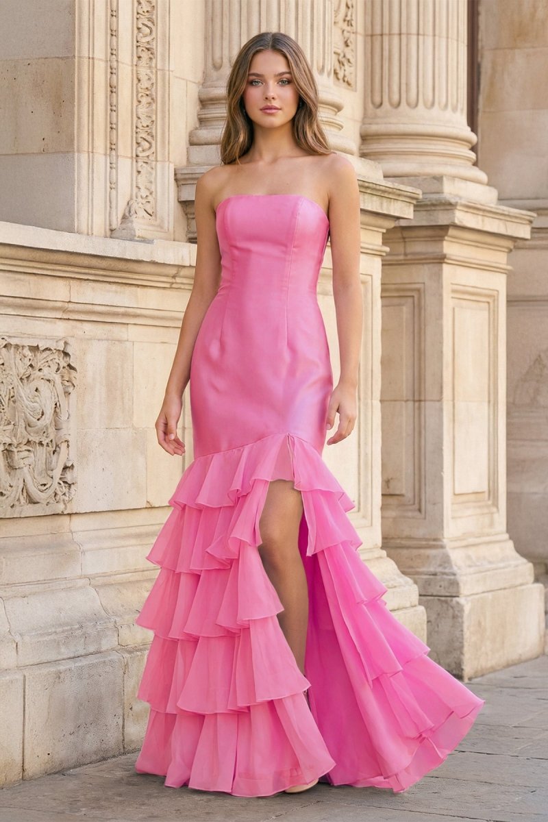 Sky Blue Mermaid Strapless Prom Dresses With Split - KissProm