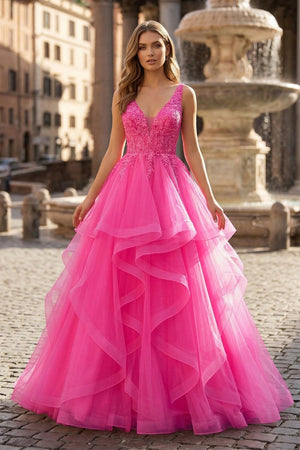 A-Line Prom Dresses Princess Dress Formal Floor Length Sleeveless V Neck Tulle Backless with Pleats Appliques