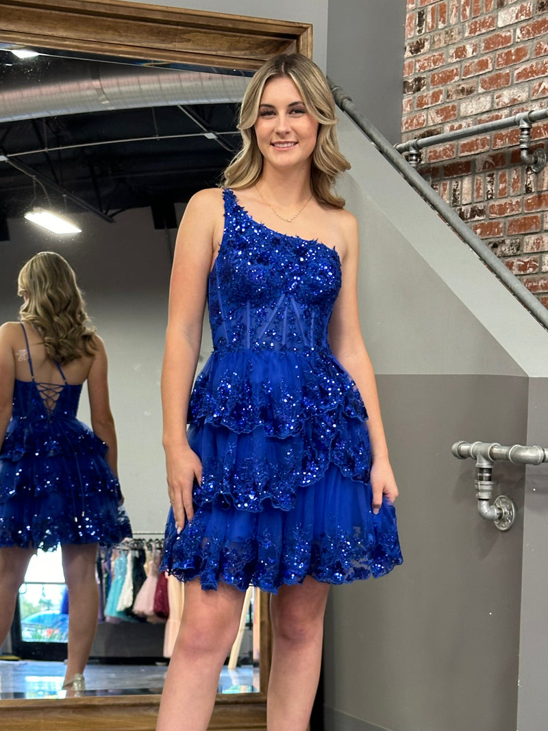 Emma | Royal Blue A Line One Shoulder Navy Tiered Lace Short Homecoming Dress