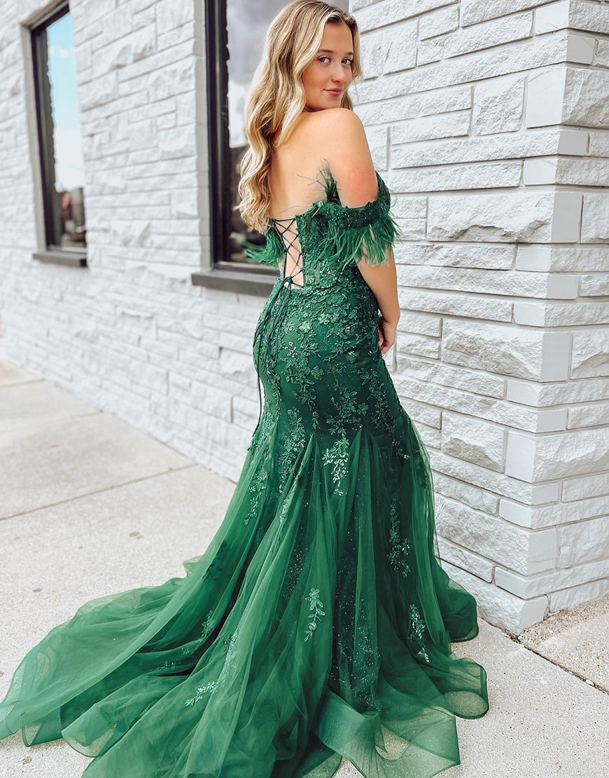 Pauline | Dark Green Mermaid Long Corset Prom Dress With Appliques