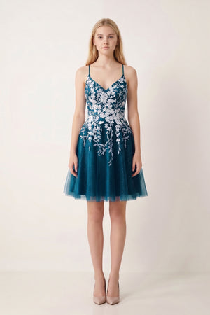 Ink Blue Aline Short Glitter Tulle Homecoming Dress with Appliques - KISSPROM