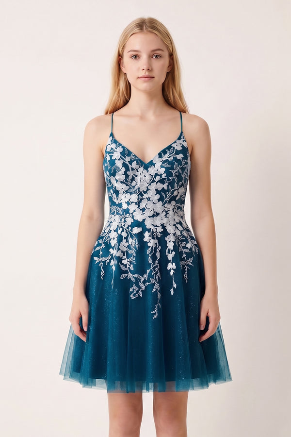 Ink Blue Aline Short Glitter Tulle Homecoming Dress with Appliques - KISSPROM