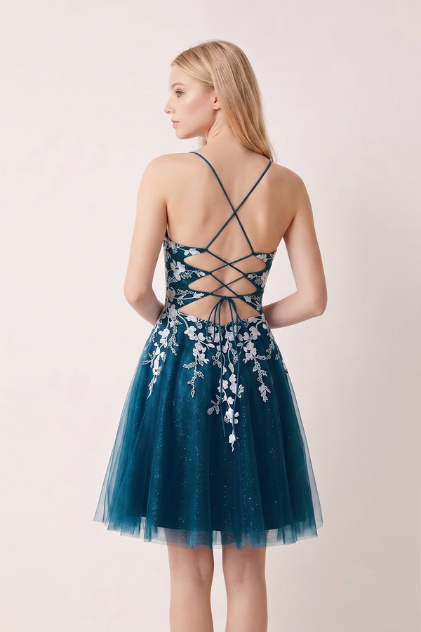 Ink Blue Aline Short Glitter Tulle Homecoming Dress with Appliques - KISSPROM