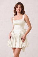 Ivory A Line Satin Square Neck Homecoming Dress with Bowknot Ruffles | KISSPROM
