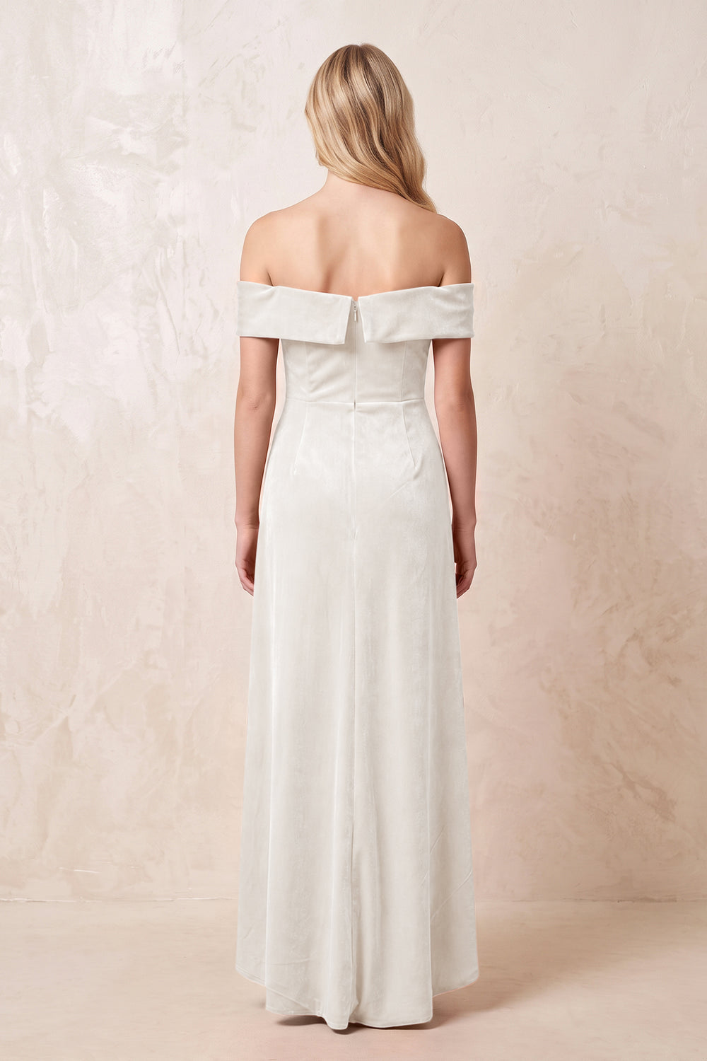 Ivory Off-the-Shoulder Sheath Velvet Midi Bridesmaid Dress - KISSPROM