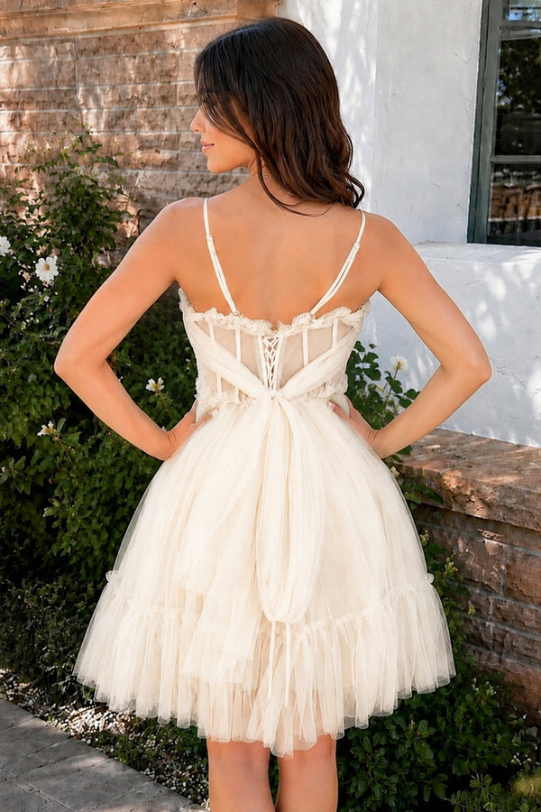 Spaghetti Straps Tulle Lace Appliques Short Prom Dresses With Bow - KissProm