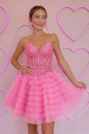 Hot Pink A-Line Ruffled Strapless Corset Short Homecoming Dress - KISSPROM