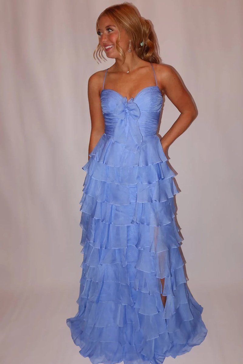 Jensyn | A Line Spaghetti Straps Yellow Long Prom Dress with Ruffles