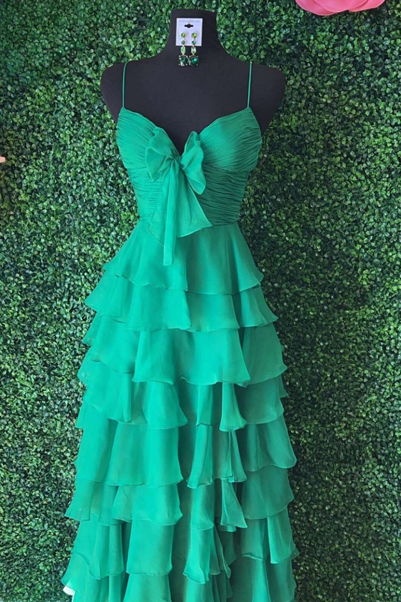 Jensyn | A Line Spaghetti Straps Yellow Long Prom Dress with Ruffles