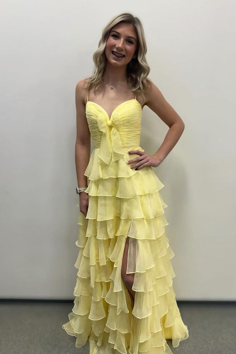 Jensyn | A Line Spaghetti Straps Yellow Long Prom Dress with Ruffles