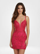 Juniper | Coral - V - Neck Lace Short Homecoming Dress With Appliques - KissProm