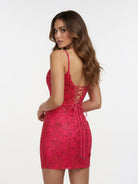 Juniper | Coral - V - Neck Lace Short Homecoming Dress With Appliques - KissProm