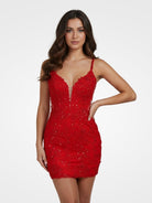 Juniper | Red - V-Neck Lace Short Homecoming Dress With Appliques