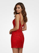 Juniper | Red - V-Neck Lace Short Homecoming Dress With Appliques